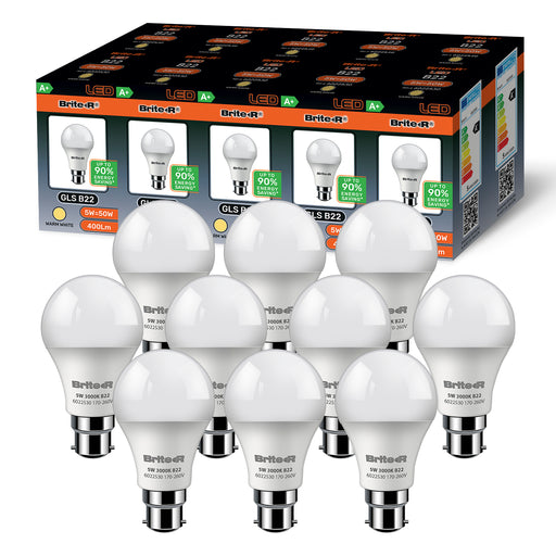 Brite-R 5W B22 BC GLS LED Bulb Warm White 3000K (10 Pack) - westbasedirect.com