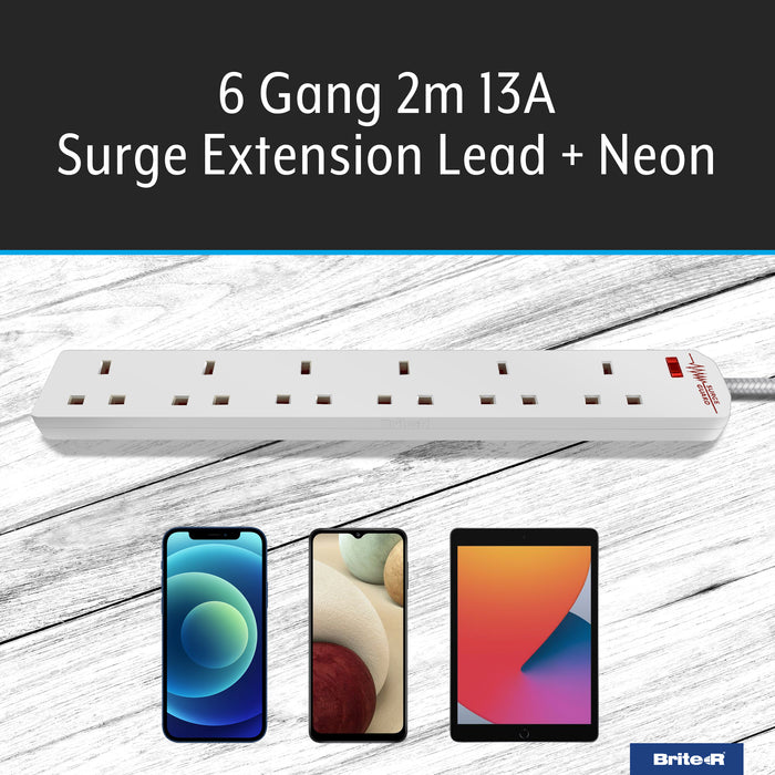 Brite-R B0602ENSG 6 Gang 2 Metre 13A SURGE PROTECTED Extension Lead with Neon, Matt White - westbasedirect.com