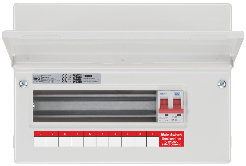 BG Fortress CF12M10 12 Module 10 Way Unpopulated Metal Consumer Unit with 100A Main Switch