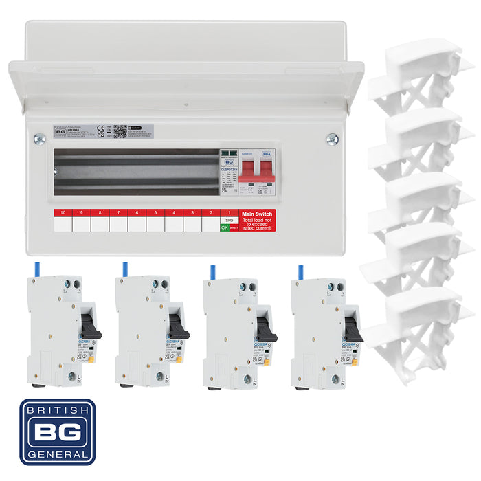 BG Fortress CF12MS9 12 Module 9 Way 100A Main Switch Consumer Unit with T2 SPD + 4 RCBOs & 5x CUA04 FREE Blanks