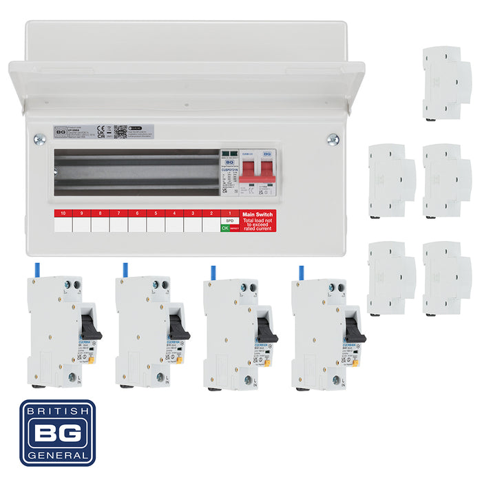 BG Fortress CF12MS9 12 Module 9 Way 100A Main Switch Consumer Unit with T2 SPD + 4 RCBOs & 5x CUA19 FREE Blanks