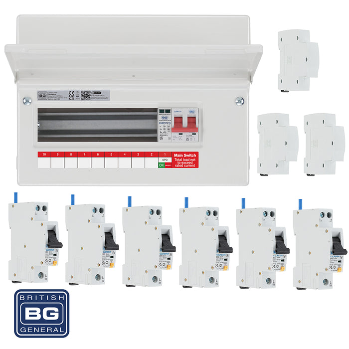 BG Fortress CF12MS9 12 Module 9 Way 100A Main Switch Consumer Unit with T2 SPD + 6 RCBOs & 3x CUA19 FREE Blanks