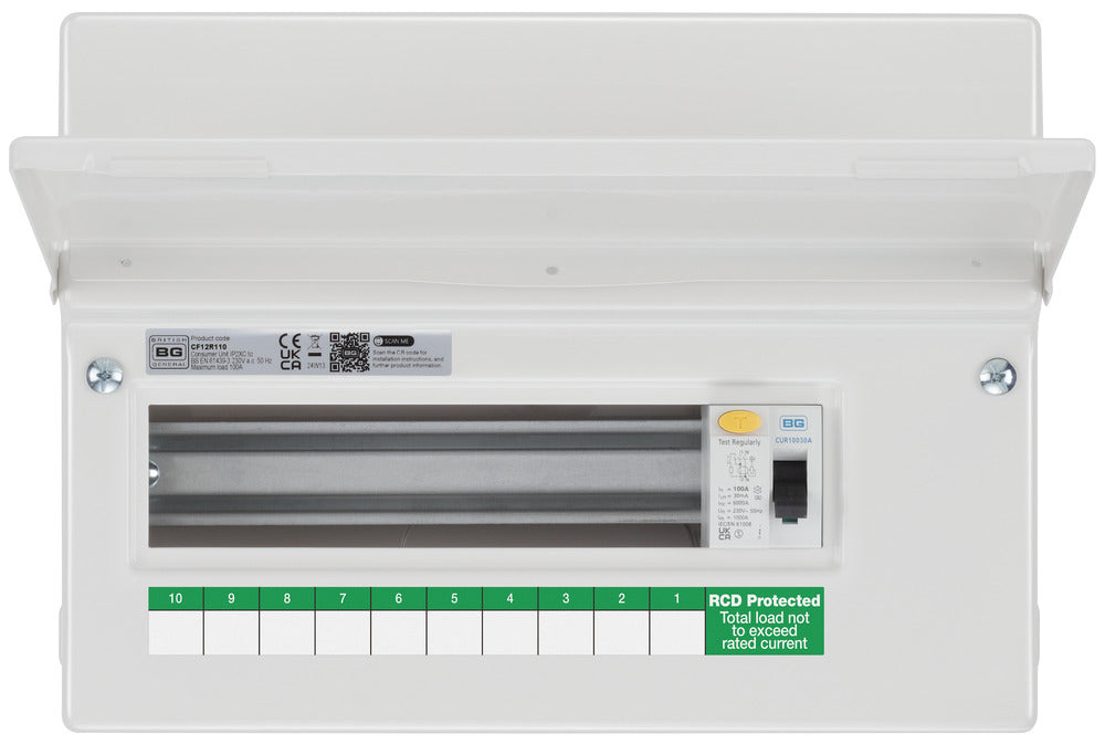 BG Fortress CF12R110 12 Module 10 Way Unpopulated RCD Incomer Consumer Unit with 1x 100A Type A 30mA RCD