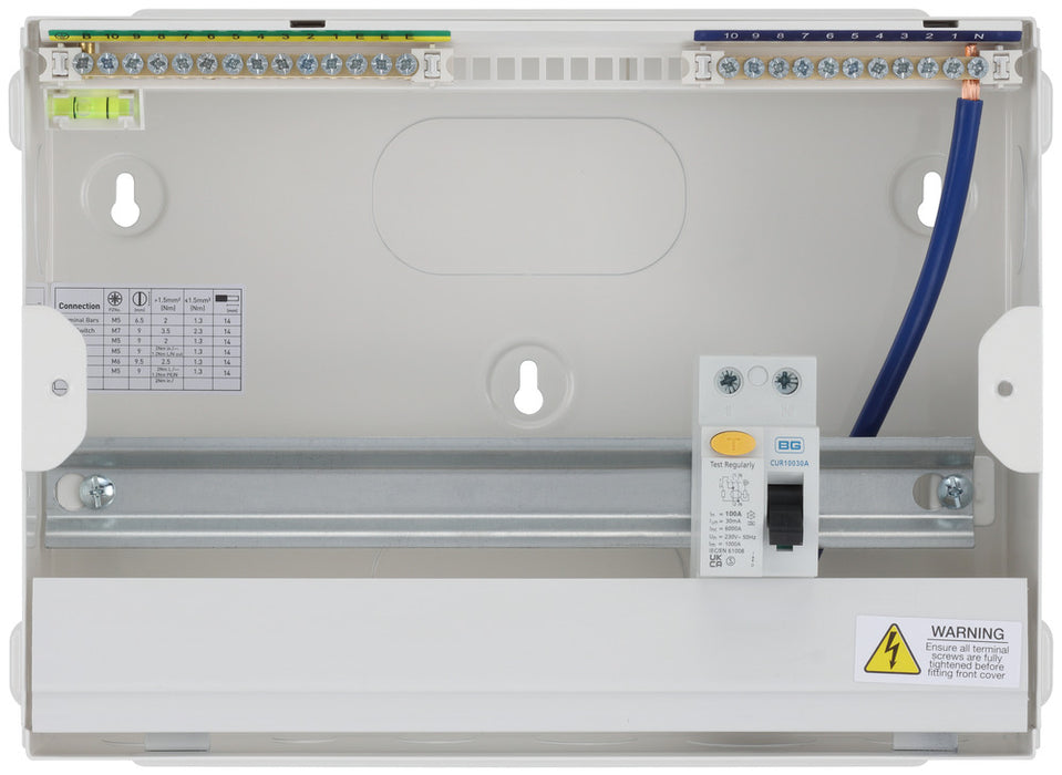 BG Fortress CF12R110 12 Module 10 Way Unpopulated RCD Incomer Consumer Unit with 1x 100A Type A 30mA RCD