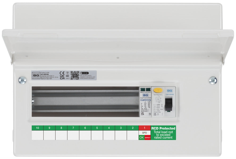 BG Fortress CF12R1S9 12 Module 9 Way Unpopulated RCD Incomer Consumer Unit with 1x 100A Type A 30mA RCD & 1x SPD