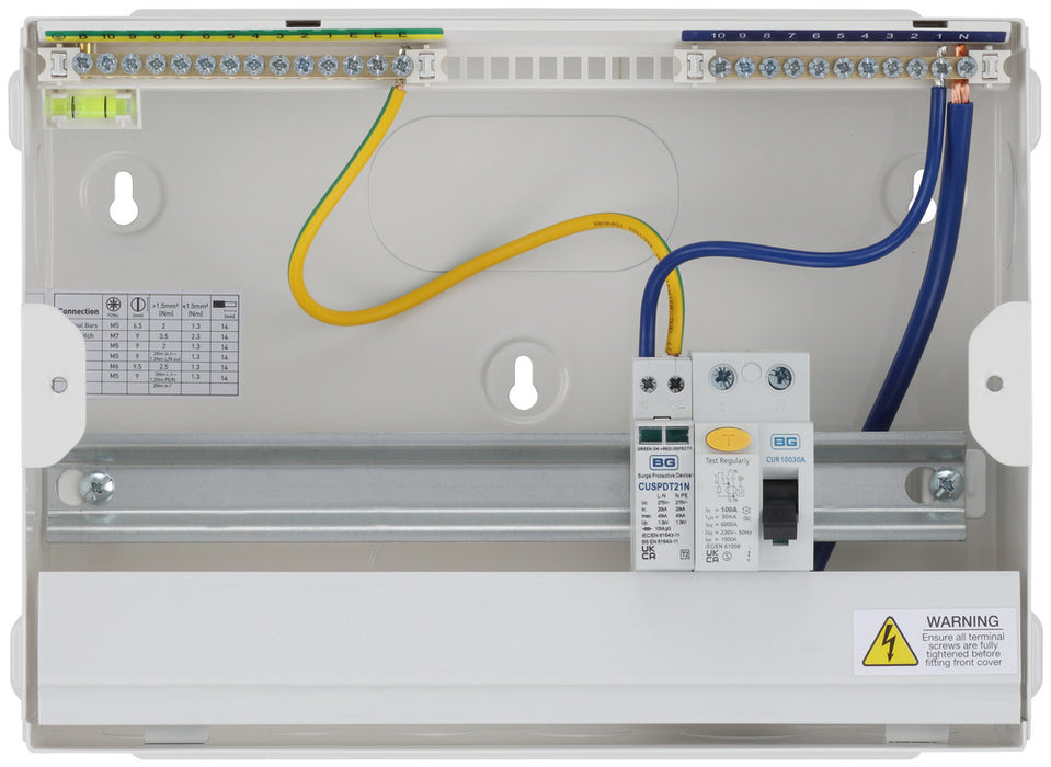 BG Fortress CF12R1S9 12 Module 9 Way Unpopulated RCD Incomer Consumer Unit with 1x 100A Type A 30mA RCD & 1x SPD