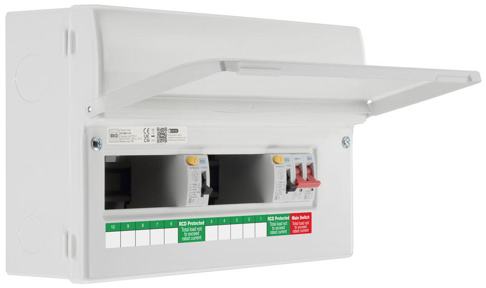 BG Fortress CF16D1110 16 Module 10 Way Unpopulated Dual RCD Consumer Unit with 100A Main Switch & 2x 100A Type A 30mA RCD