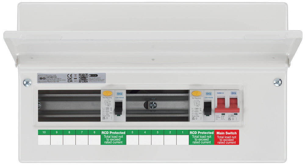 BG Fortress CF16D1110 16 Module 10 Way Unpopulated Dual RCD Consumer Unit with 100A Main Switch & 2x 100A Type A 30mA RCD