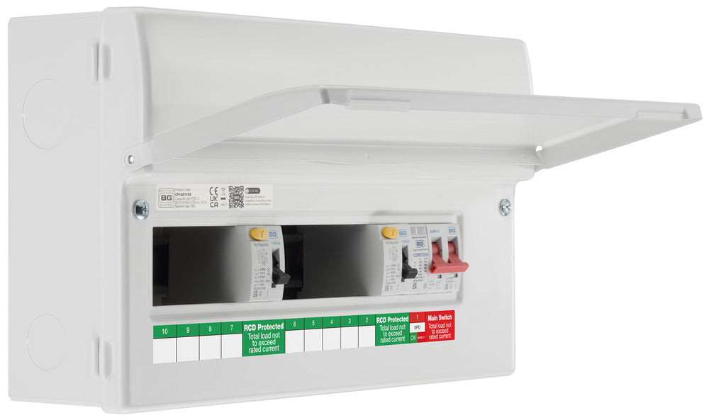 BG Fortress CF16D11S9 16 Module 9 Way Unpopulated Dual RCD Consumer Unit with 100A Main Switch, 2x 100A Type A 30mA RCD & 1x SPD