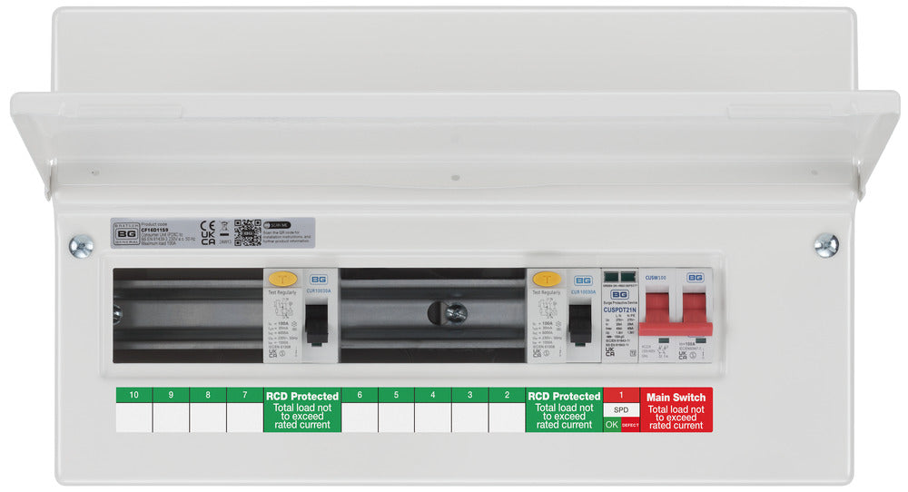 BG Fortress CF16D11S9 16 Module 9 Way Unpopulated Dual RCD Consumer Unit with 100A Main Switch, 2x 100A Type A 30mA RCD & 1x SPD