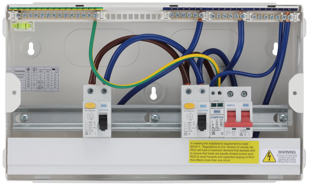 BG Fortress CF16D11S9 16 Module 9 Way Unpopulated Dual RCD Consumer Unit with 100A Main Switch, 2x 100A Type A 30mA RCD & 1x SPD