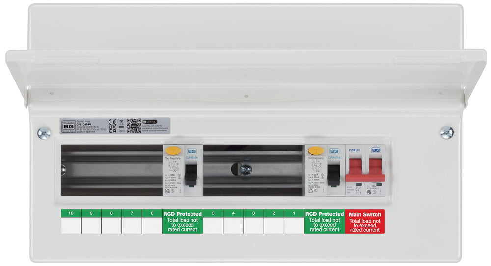 BG Fortress CF16D8810 16 Module 10 Way Unpopulated Dual RCD Consumer Unit with 100A Main Switch & 2x 80A Type A 30mA RCD