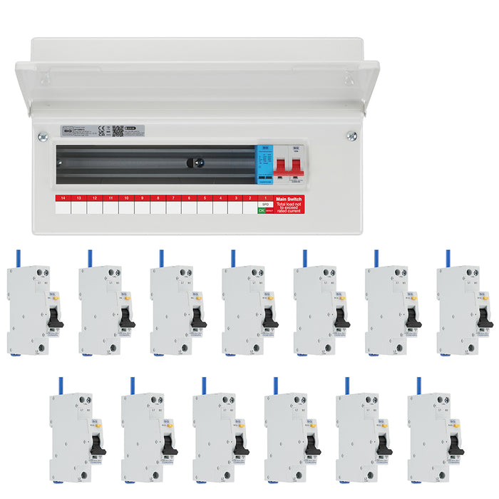BG Fortress CF16MS13 16 Module 13 Way 100A Main Switch Consumer Unit with T2 SPD + 13 Bi-Directional DP RCBOs