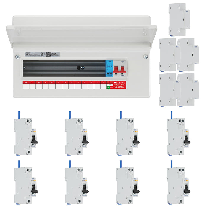 BG Fortress CF16MS13 16 Module 13 Way 100A Main Switch Consumer Unit with T2 SPD + 8 Bi-Directional DP RCBOs & 5x CUA19 FREE Blanks