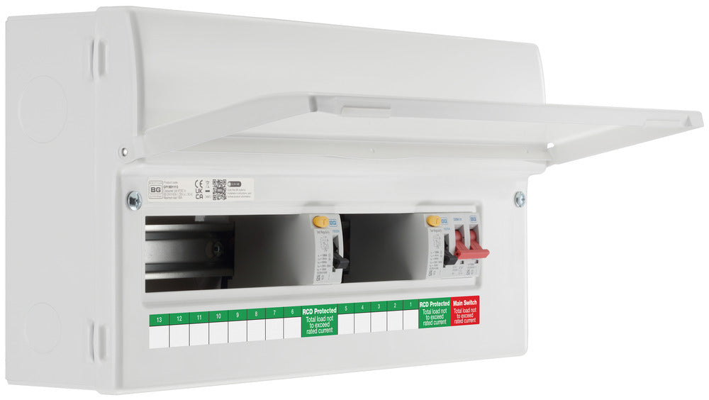 BG Fortress CF19D1113 19 Module 13 Way Unpopulated Dual RCD Consumer Unit with 100A Main Switch & 2x 100A Type A 30mA RCD