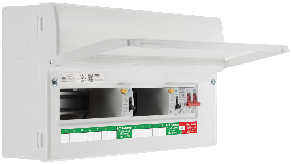 BG Fortress CF19D11S12 19 Module 12 Way Unpopulated Dual RCD Consumer Unit with 100A Main Switch, 2x 100A Type A 30mA RCD & 1x SPD