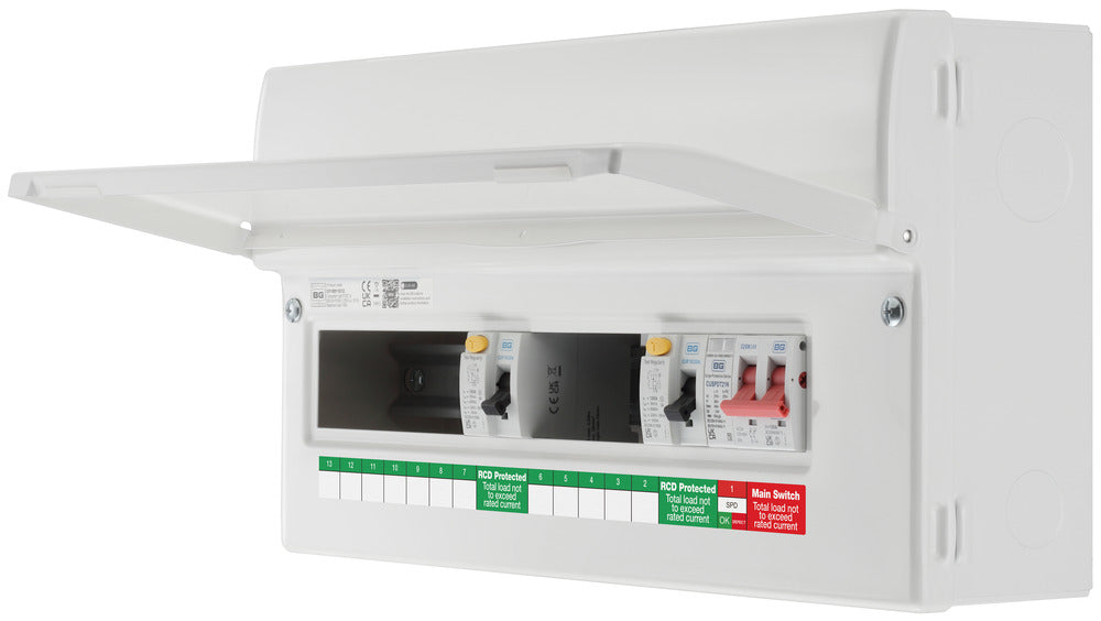 BG Fortress CF19D11S12 19 Module 12 Way Unpopulated Dual RCD Consumer Unit with 100A Main Switch, 2x 100A Type A 30mA RCD & 1x SPD