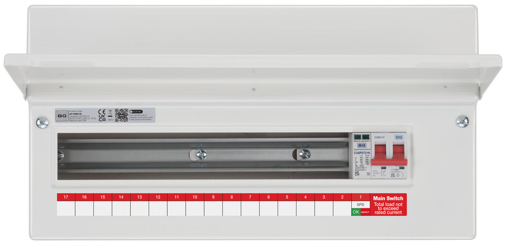 BG Fortress CF19MS16 19 Module 16 Way Unpopulated Metal Consumer Unit with 100A Main Switch & 1x SPD