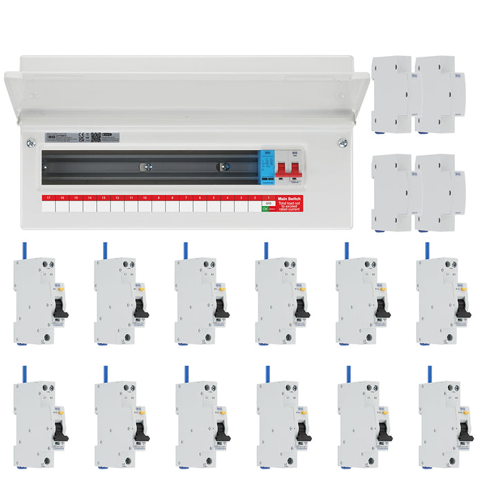 BG Fortress CF19MS16 19 Module 16 Way 100A Main Switch Consumer Unit with T2 SPD + 12 Bi-Directional DP RCBOs & 4x CUA19 FREE Blanks