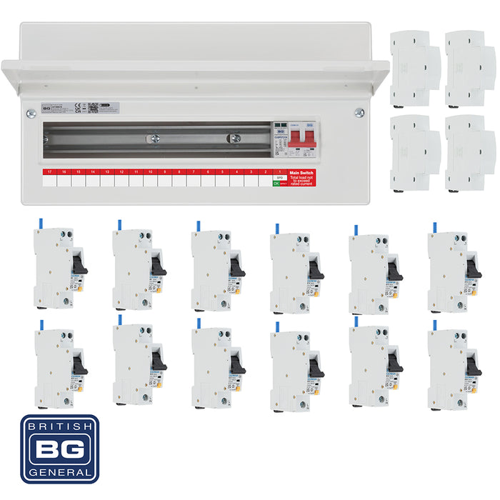 BG Fortress CF19MS16 19 Module 16 Way 100A Main Switch Consumer Unit with T2 SPD + 12 RCBOs & 4x CUA19 FREE Blanks