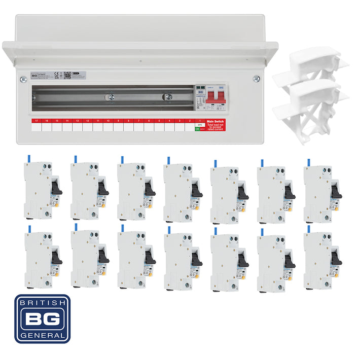 BG Fortress CF19MS16 19 Module 16 Way 100A Main Switch Consumer Unit with T2 SPD + 14 RCBOs & 2x CUA04 FREE Blank