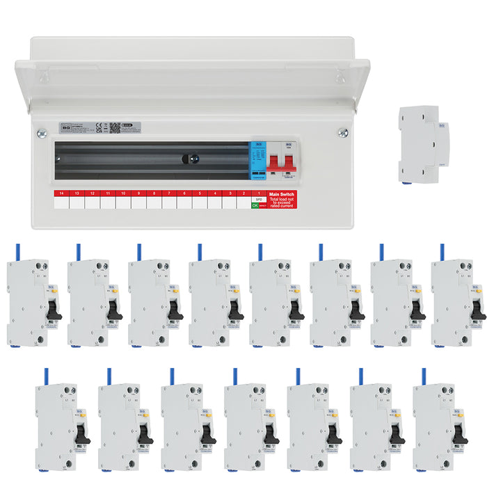 BG Fortress CF19MS16 19 Module 16 Way 100A Main Switch Consumer Unit with T2 SPD + 15 Bi-Directional DP RCBOs & 1x CUA19 FREE Blank