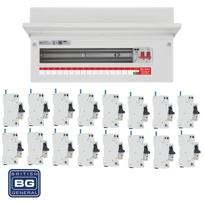 BG Fortress CF19MS16 19 Module 16 Way 100A Main Switch Consumer Unit with T2 SPD + 16 RCBOs