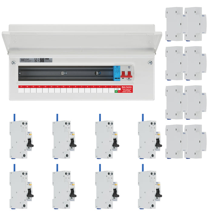 BG Fortress CF19MS16 19 Module 16 Way 100A Main Switch Consumer Unit with T2 SPD + 8 Bi-Directional DP RCBOs & 8x CUA19 FREE Blanks