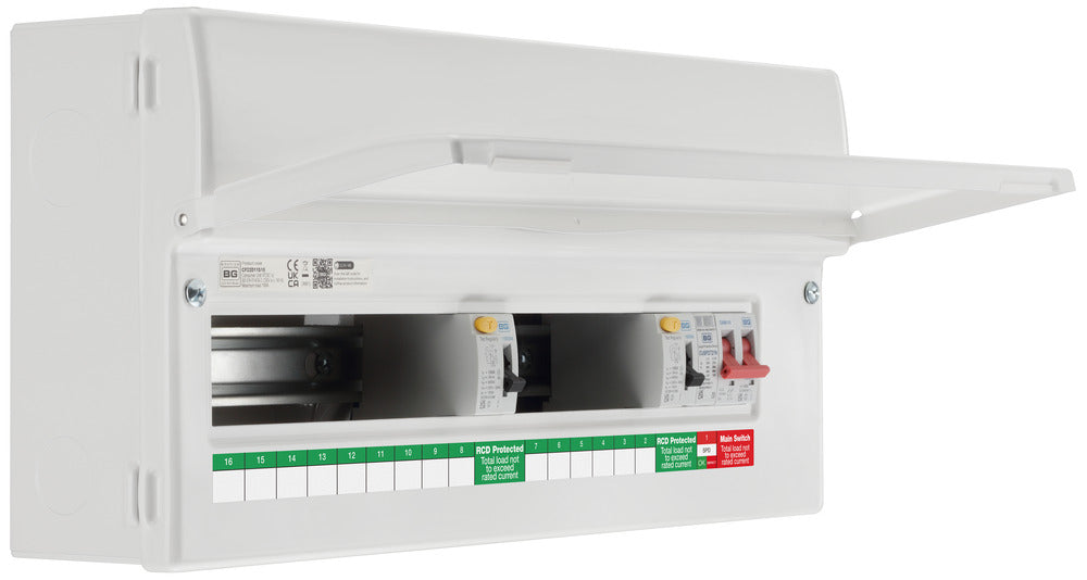 BG Fortress CF22D11S15 22 Module 15 Way Unpopulated Dual RCD Consumer Unit with 100A Main Switch, 2x 100A Type A 30mA RCD & 1x SPD