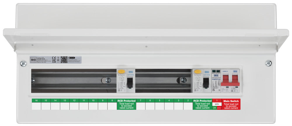 BG Fortress CF22D11S15 22 Module 15 Way Unpopulated Dual RCD Consumer Unit with 100A Main Switch, 2x 100A Type A 30mA RCD & 1x SPD