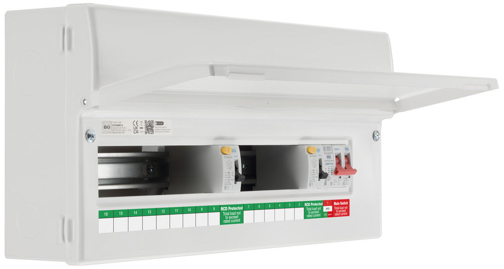 BG Fortress CF22D88S15 22 Module 15 Way Unpopulated Dual RCD Consumer Unit with 100A Main Switch, 2x 80A Type A 30mA RCD & 1x SPD