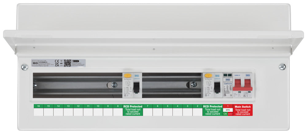 BG Fortress CF22D88S15 22 Module 15 Way Unpopulated Dual RCD Consumer Unit with 100A Main Switch, 2x 80A Type A 30mA RCD & 1x SPD