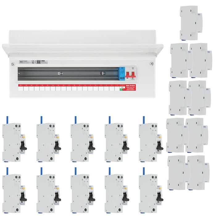 BG Fortress CF22MS19 22 Module 19 Way 100A Main Switch Consumer Unit with T2 SPD + 10 Bi-Directional DP RCBOs & 9x CUA19 FREE Blanks