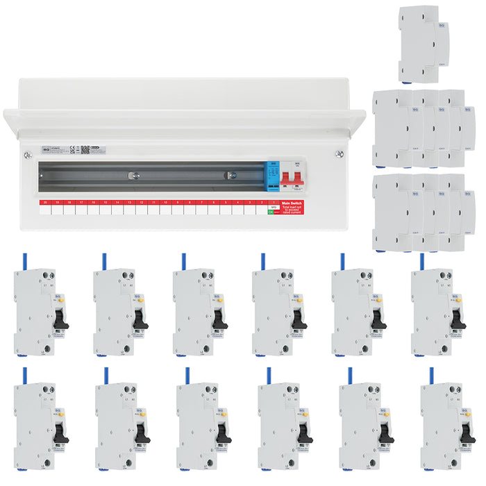 BG Fortress CF22MS19 22 Module 19 Way 100A Main Switch Consumer Unit with T2 SPD + 12 Bi-Directional DP RCBOs & 7x CUA19 FREE Blanks