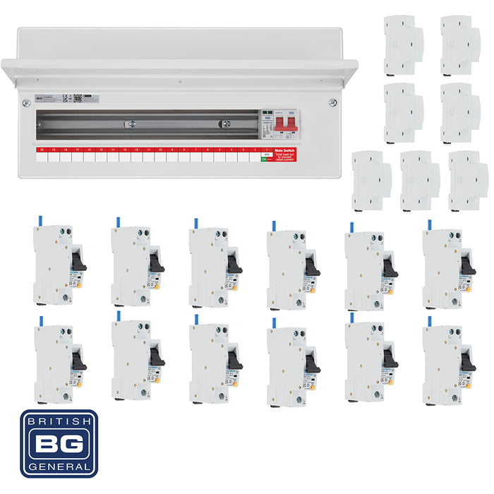 BG Fortress CF22MS19 22 Module 19 Way 100A Main Switch Consumer Unit with T2 SPD + 12 RCBOs & 7x CUA19 FREE Blanks