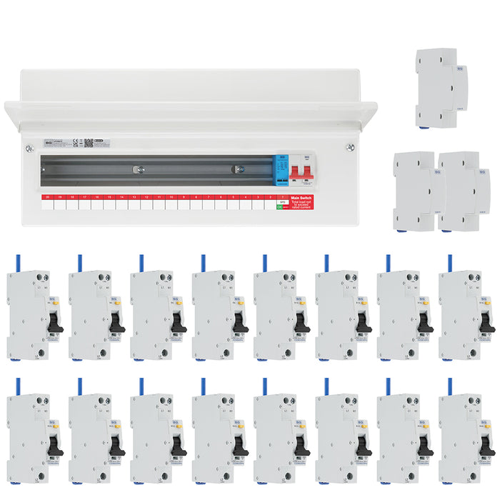 BG Fortress CF22MS19 22 Module 19 Way 100A Main Switch Consumer Unit with T2 SPD + 16 Bi-Directional DP RCBOs & 3x CUA19 FREE Blanks