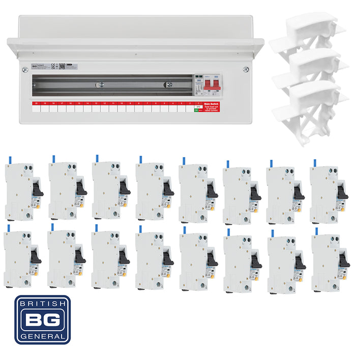 BG Fortress CF22MS19 22 Module 19 Way 100A Main Switch Consumer Unit with T2 SPD + 16 RCBOs & 3x CUA04 FREE Blanks