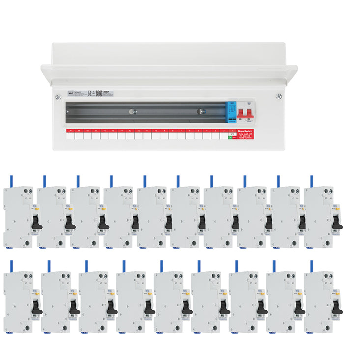 BG Fortress CF22MS19 22 Module 19 Way 100A Main Switch Consumer Unit with T2 SPD + 19 Bi-Directional DP RCBOs