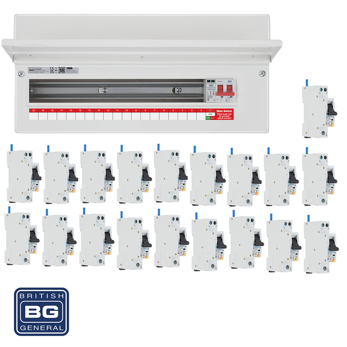 BG Fortress CF22MS19 22 Module 19 Way 100A Main Switch Consumer Unit with T2 SPD + 19 RCBOs