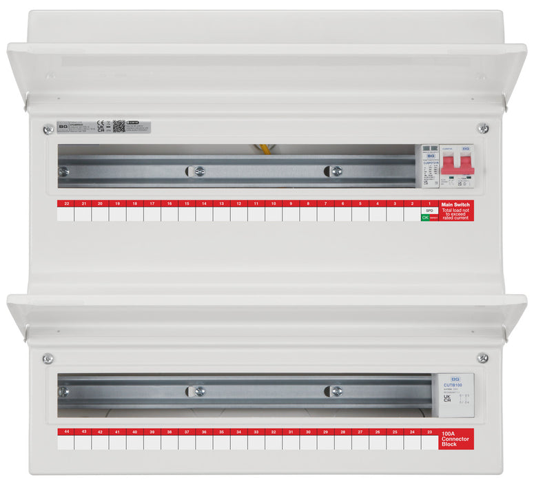 BG Fortress CF248MS43 48 Module 43 Way Unpopulated Metal Dual Row Consumer Unit with 100A Main Switch, 100A Terminal Block & 1x SPD