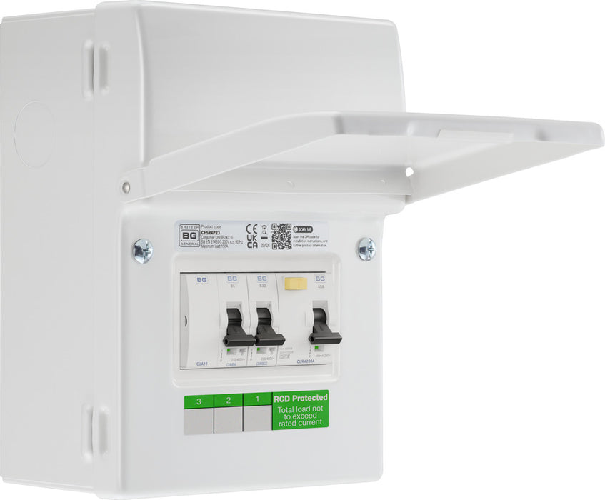 BG Fortress CF5R4P23 Garage Unit - IP20 Metal Enclosure, 40A Type A 30mA RCD, 6+32A MCB