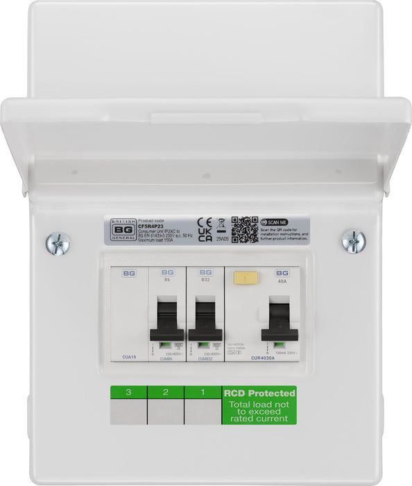 BG Fortress CF5R4P23 Garage Unit - IP20 Metal Enclosure, 40A Type A 30mA RCD, 6+32A MCB