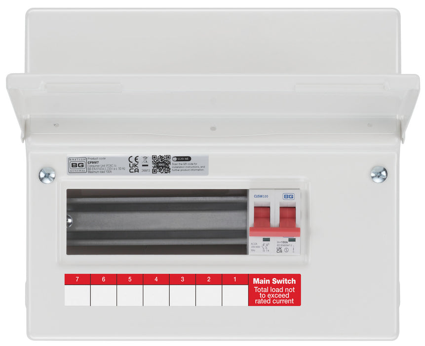 BG Fortress CF9M7 9 Module 7 Way Unpopulated Metal Consumer Unit with 100A Main Switch