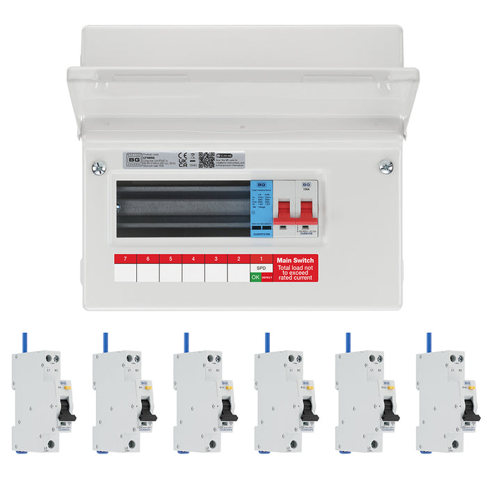 BG Fortress CF9MS6 9 Module 6 Way 100A Main Switch Consumer Unit with T2 SPD + 6 Bi-Directional DP RCBOs
