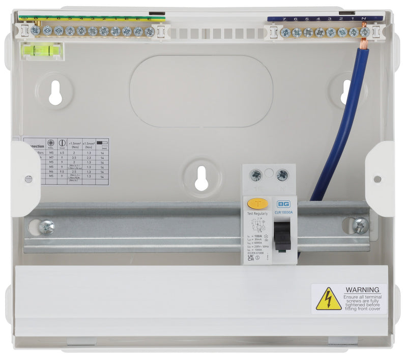 BG Fortress CF9R17 9 Module 7 Way Unpopulated RCD Incomer Consumer Unit with 1x 100A Type A 30mA RCD