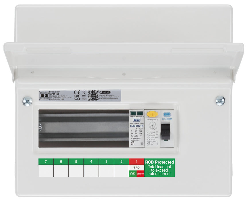 BG Fortress CF9R1S6 9 Module 6 Way Unpopulated RCD Incomer Consumer Unit with 1x 100A Type A 30mA RCD & 1x SPD