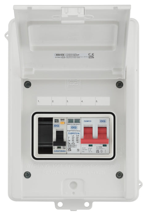 BG CFE7AFAW 5 Module IP65 Weatherproof White Metal EV Charger Circuit Protection with 100A Main Switch, 40A 30mA Type A AFDD & Type 2 SPD