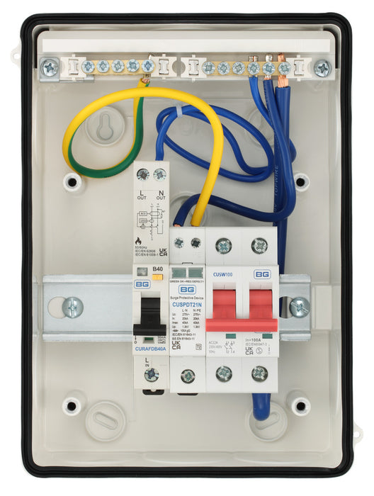 BG CFE7AFAW 5 Module IP65 Weatherproof White Metal EV Charger Circuit Protection with 100A Main Switch, 40A 30mA Type A AFDD & Type 2 SPD