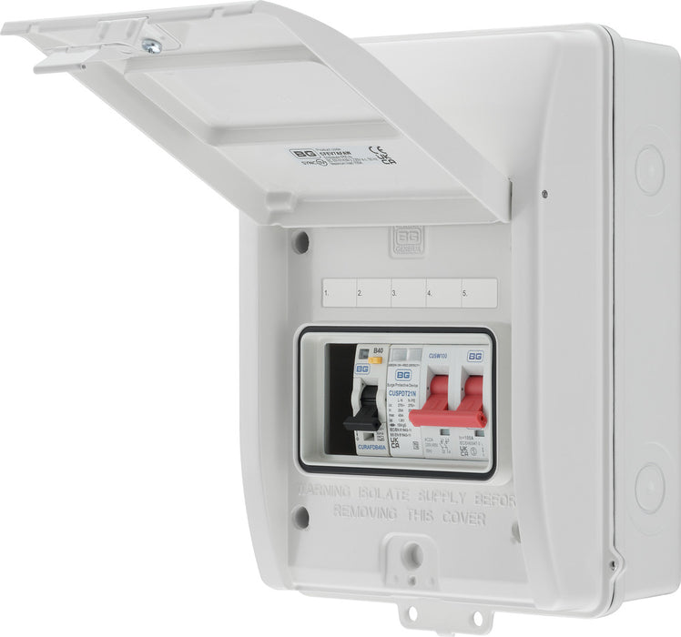 BG CFE7AFAW 5 Module IP65 Weatherproof White Metal EV Charger Circuit Protection with 100A Main Switch, 40A 30mA Type A AFDD & Type 2 SPD