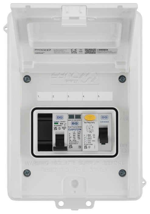 Sync Energy CFEV5AW 5 Module IP65 Weatherproof White Metal EV Charger Circuit Protection with 40A 30mA Type A RCD, 40A B Curve MCB & Type 2 SPD - westbasedirect.com